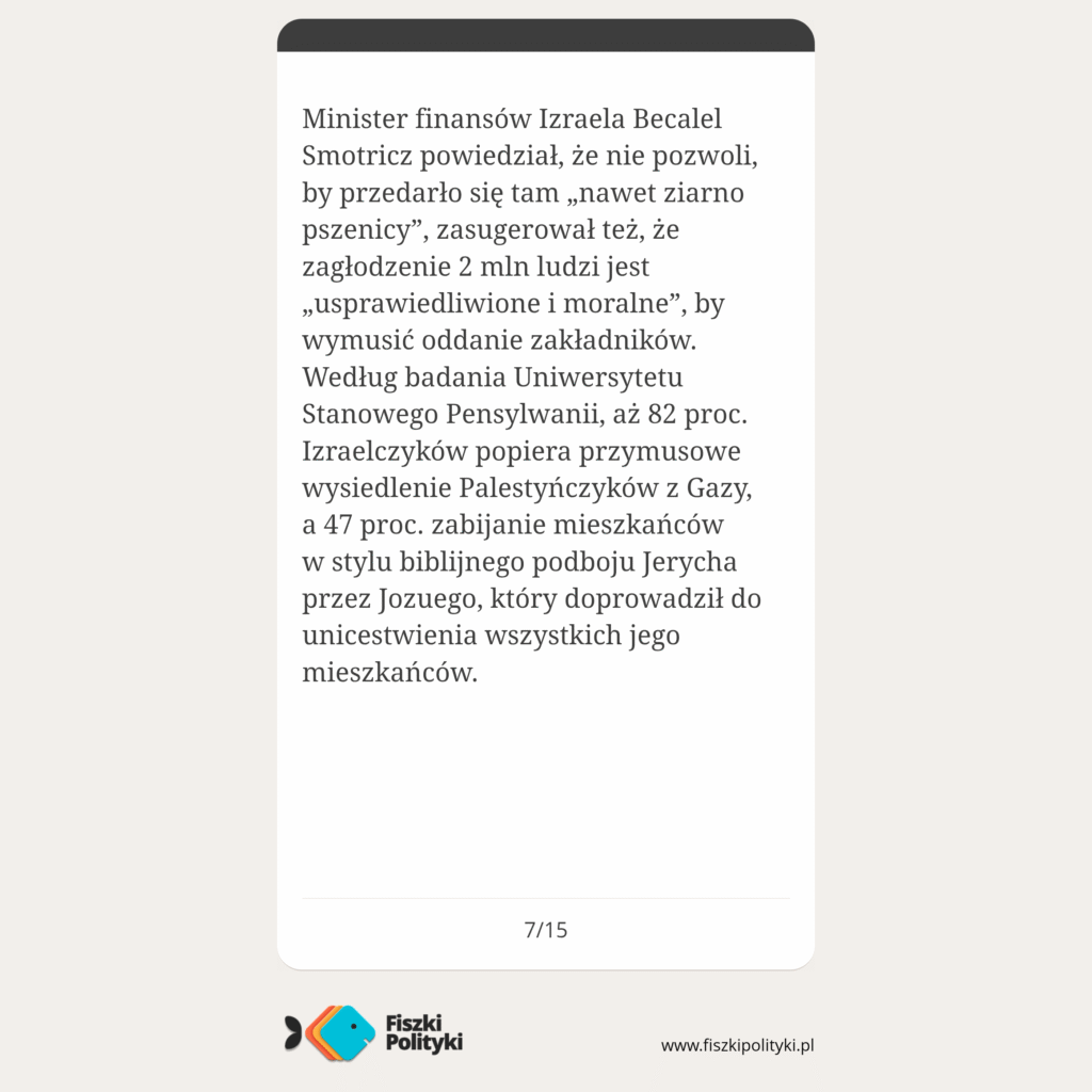 Fiszka Polityki na temat popierania przez Izraelczyków ludobójstwa w strefie Gazy
