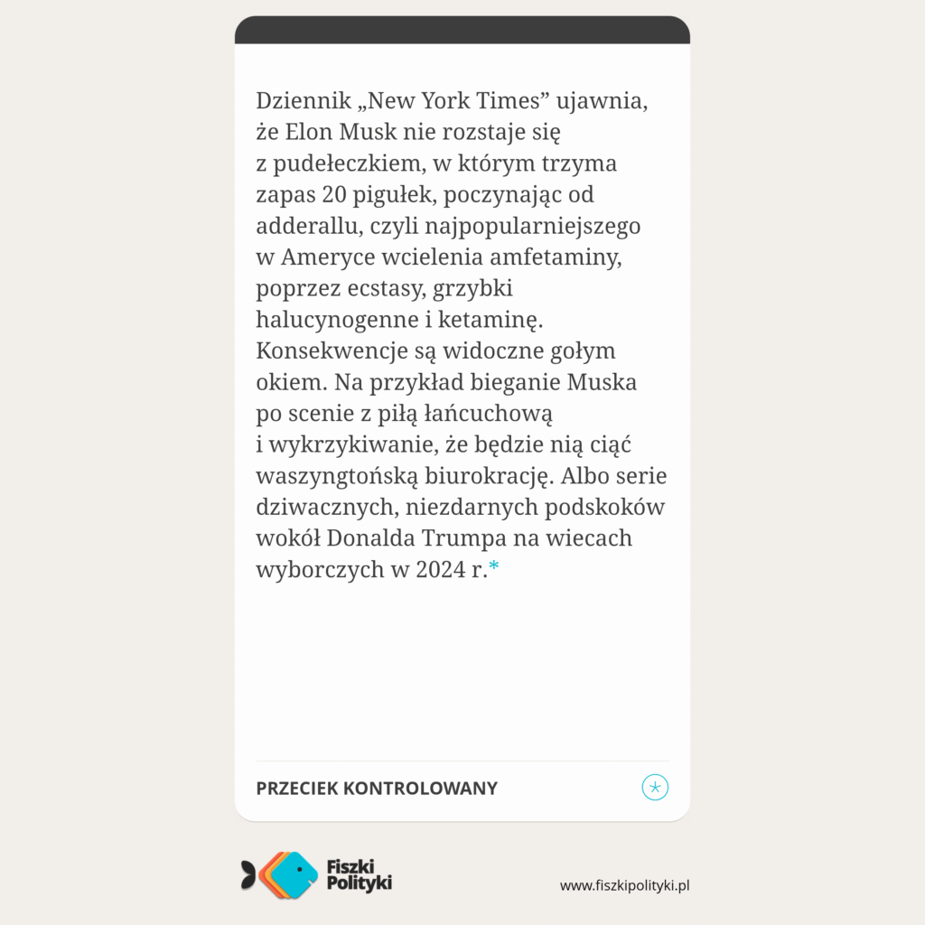 Fiszka Polityki na temat Elona Muska i zażywania przez niego narkotyków